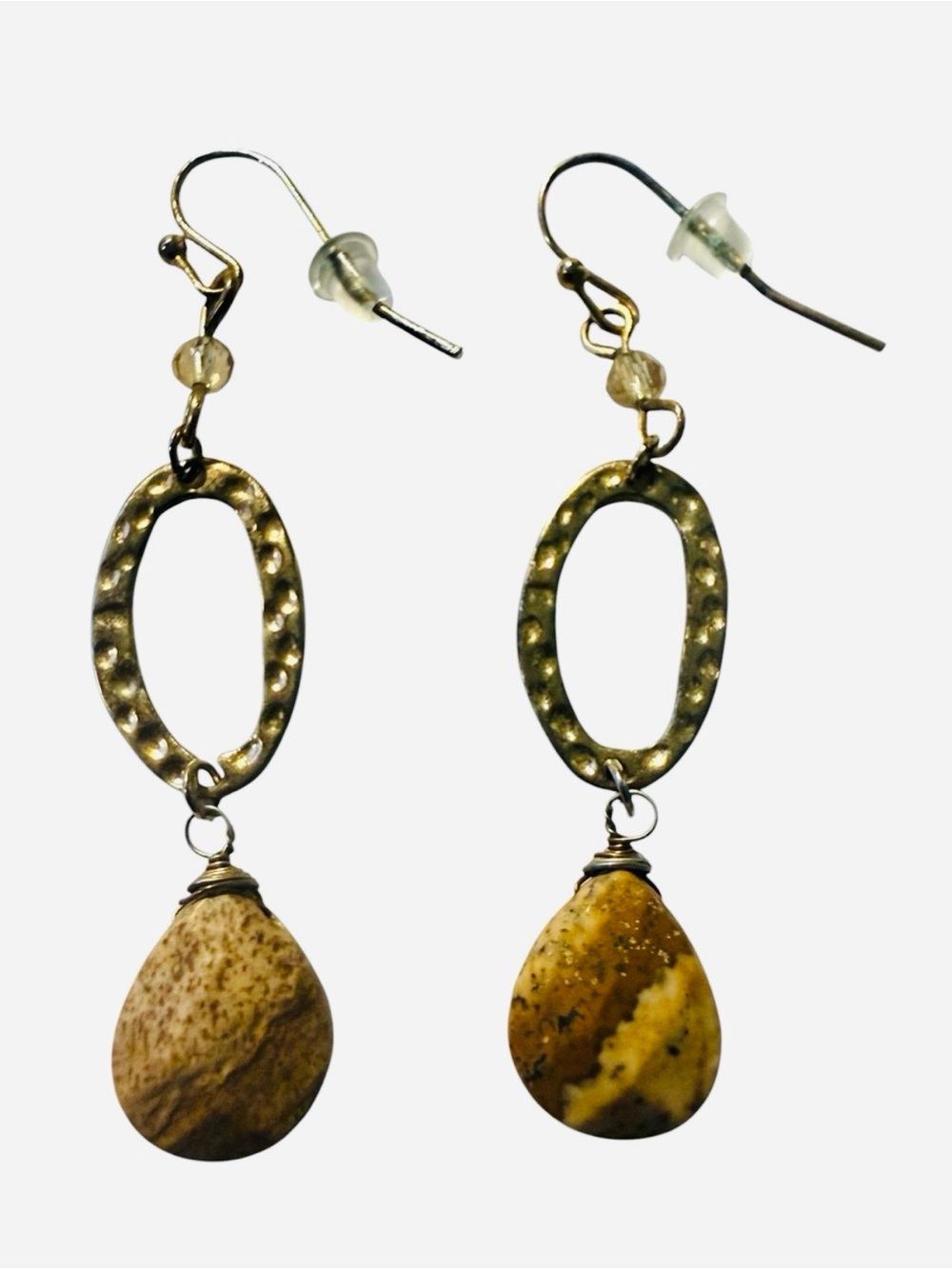 Handcrafted Artisan Hammered Gold Oval Drop Earrings Natural Stone Pendant